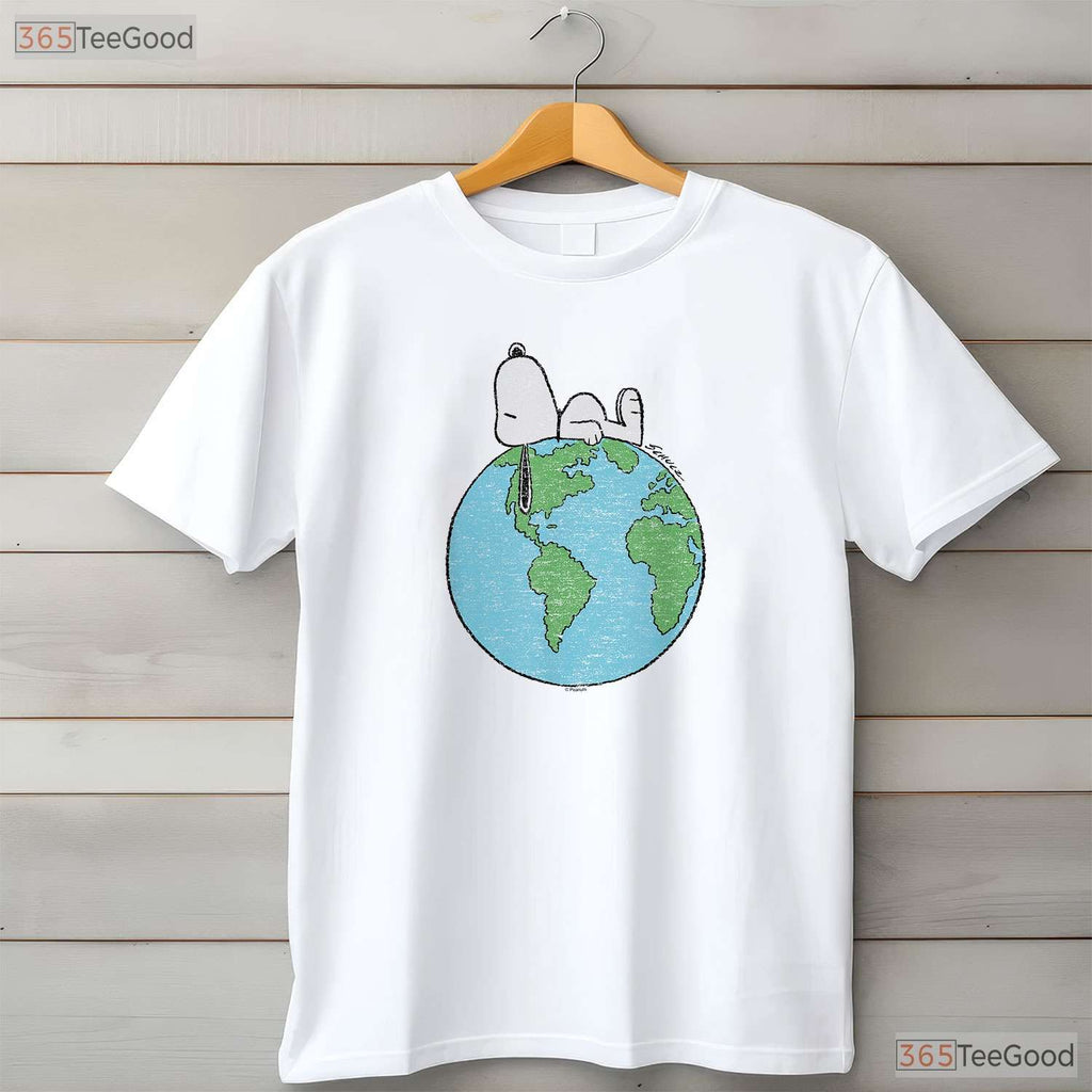 Peanuts Snoopy Earth Day T-Shirt Laying On Top of The World Cute Cartoon Dog Tee