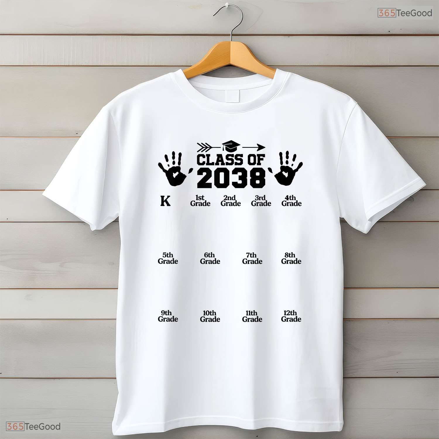 Class Of 2038 Grow With Me Handprint Pre K To 12th Grade Keepsake Kids Shirt