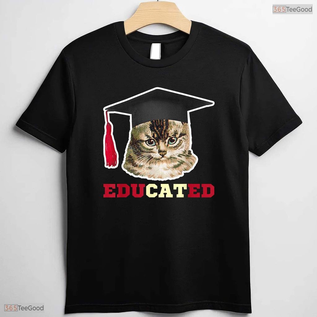 Educated Cat In Graduation Cap Funny High School College Graduate Gag T-Shirt