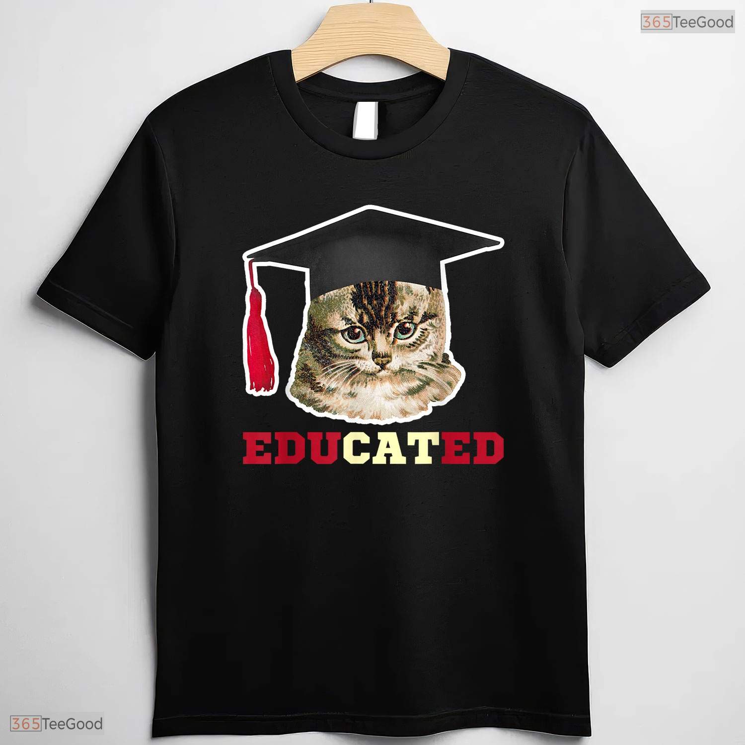Educated Cat In Graduation Cap Funny High School College Graduate Gag T-Shirt