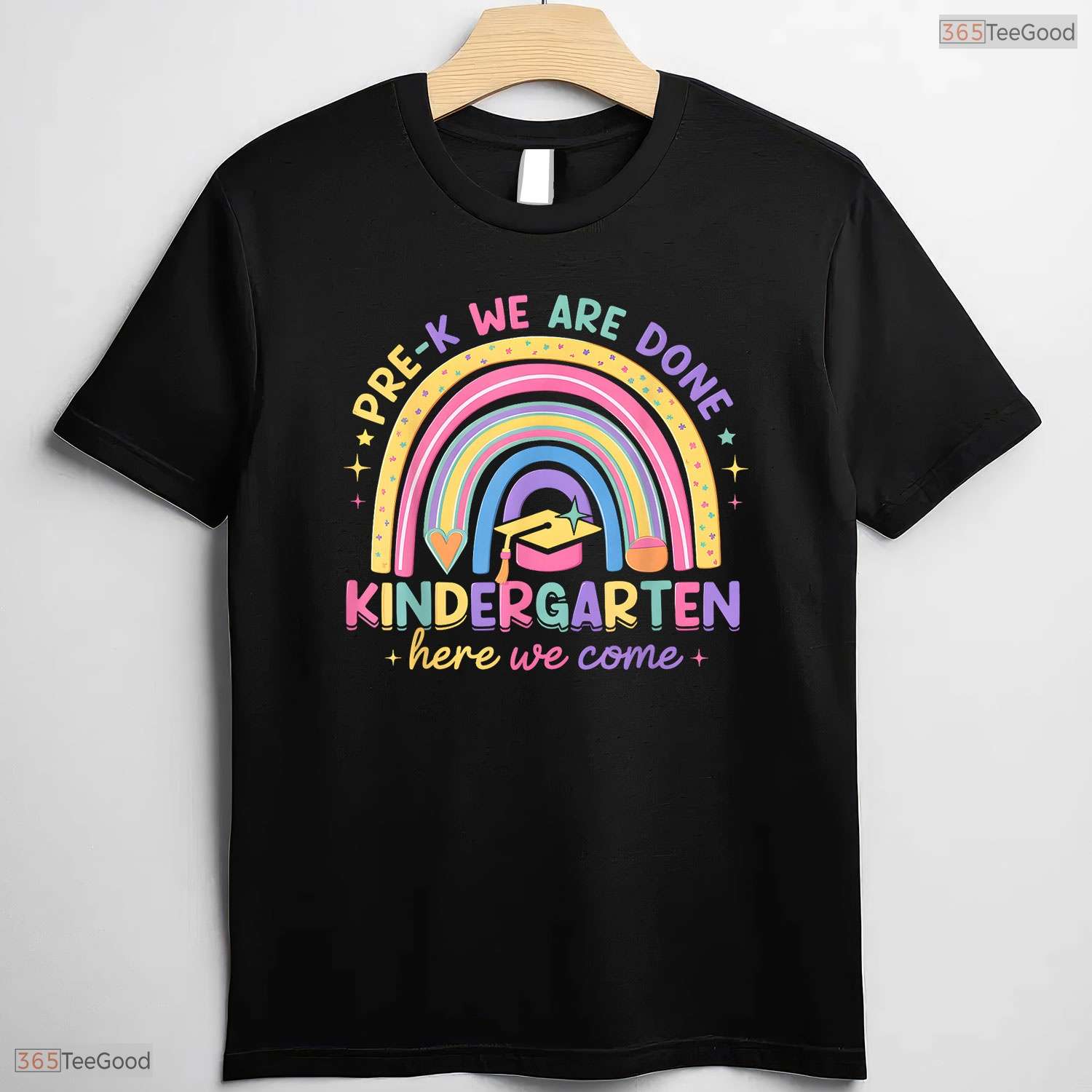 Last Day Pre-K Done Kindergarten Here We Come Cute Moving Up Graduation Kids T-Shirt