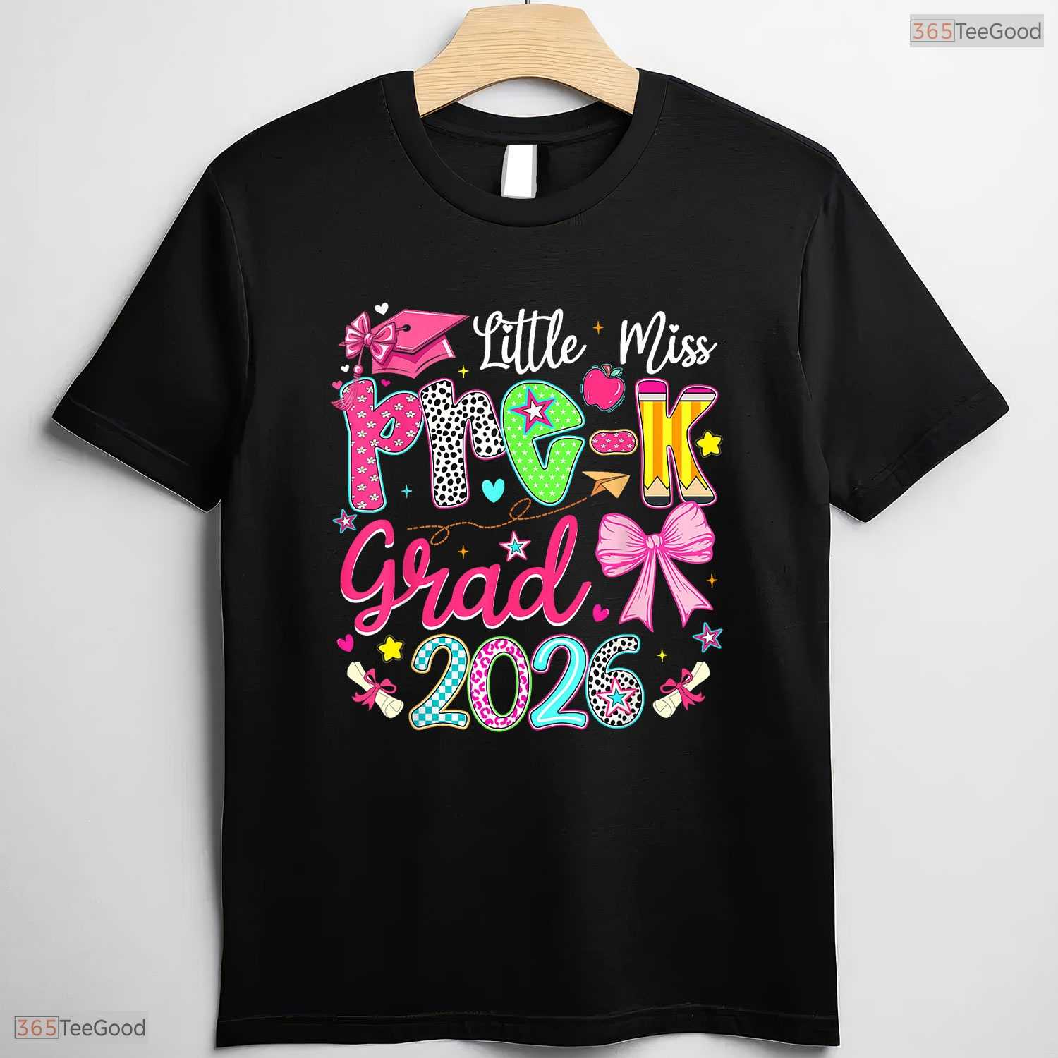 Cute Little Miss Pre-K Grad 2026 Preschool Graduation Ribbon Bow Girls Party T-Shirt