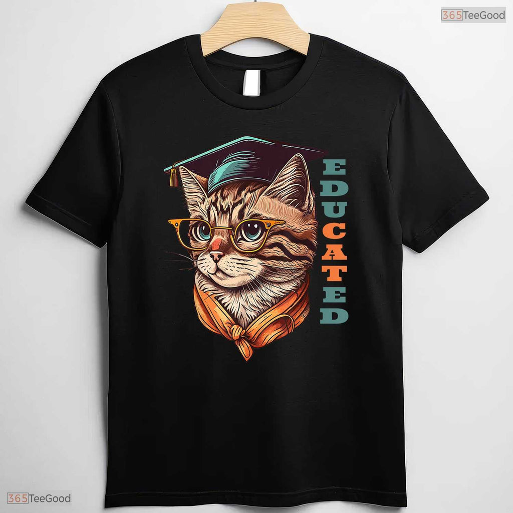 Funny Educated Cat In Graduation Cap Cute College Graduate Celebration Shirt