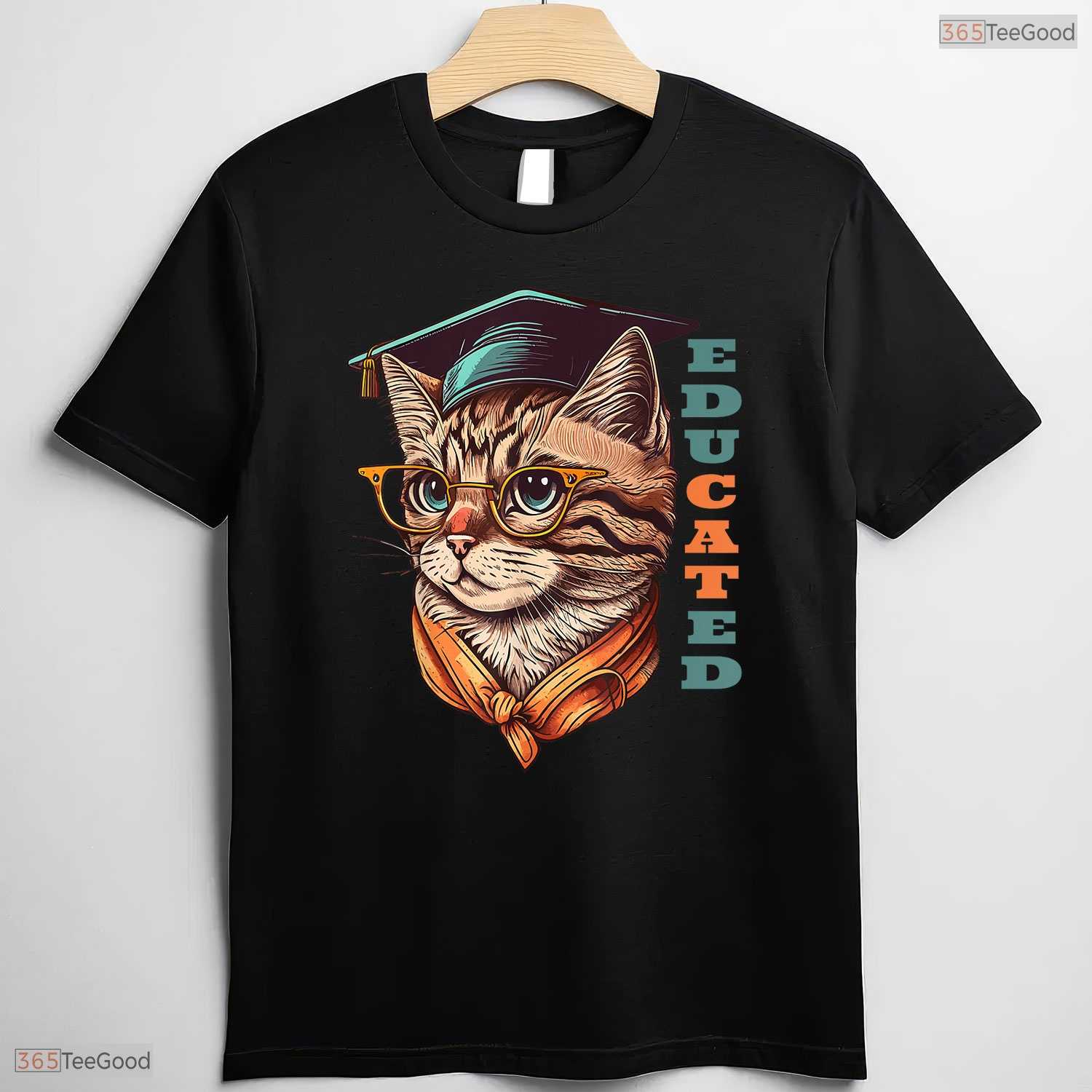 Funny Educated Cat In Graduation Cap Cute College Graduate Celebration Shirt