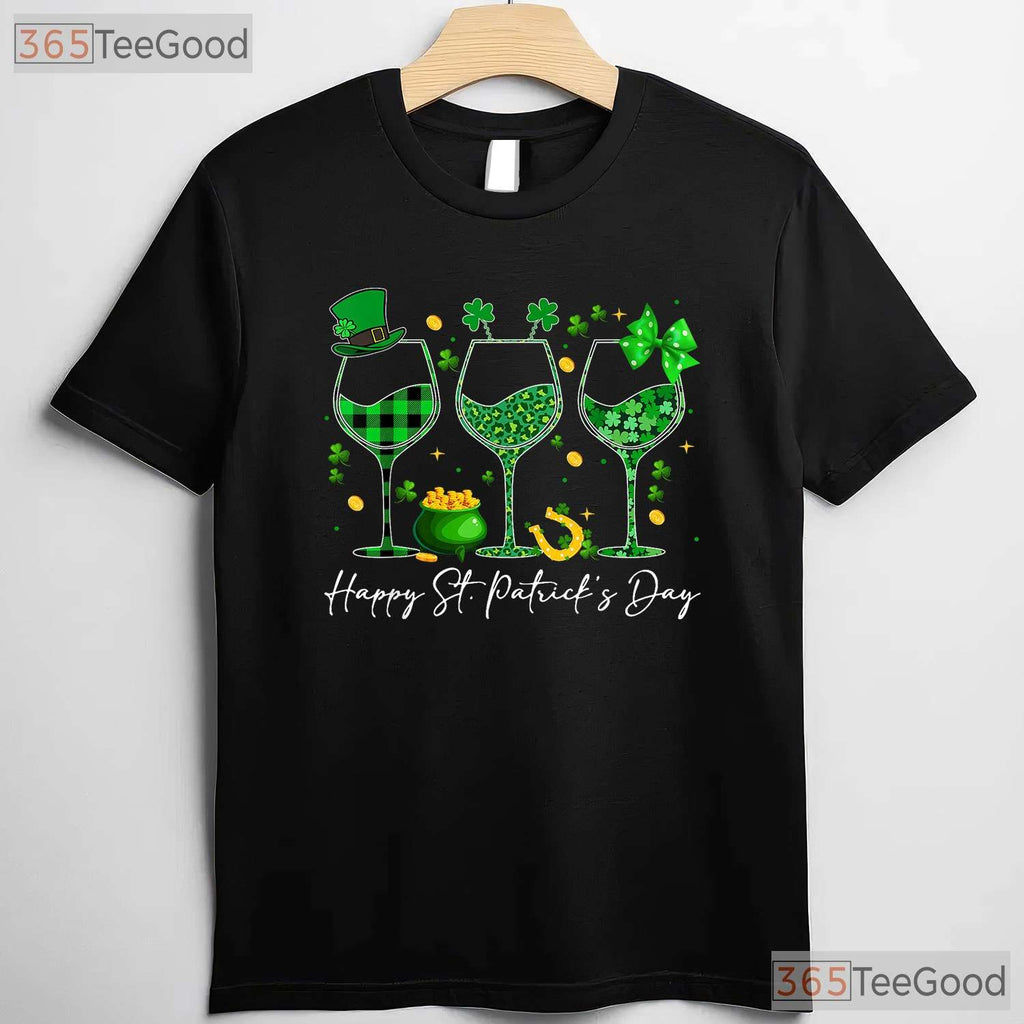 Leopard Shamrock Wine Glasses St Patricks Day T-Shirt Funny Drinking