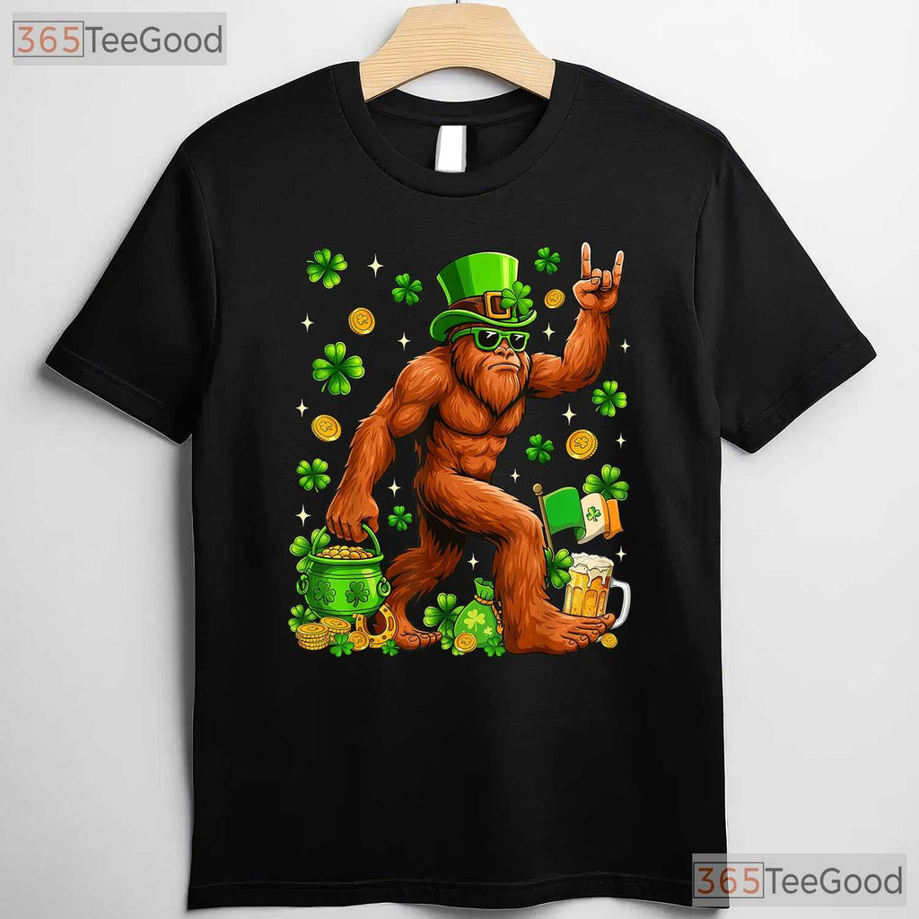 Bigfoot Sasquatch Carrying Shamrock St Patricks Day T-Shirt Hide Seek Champ