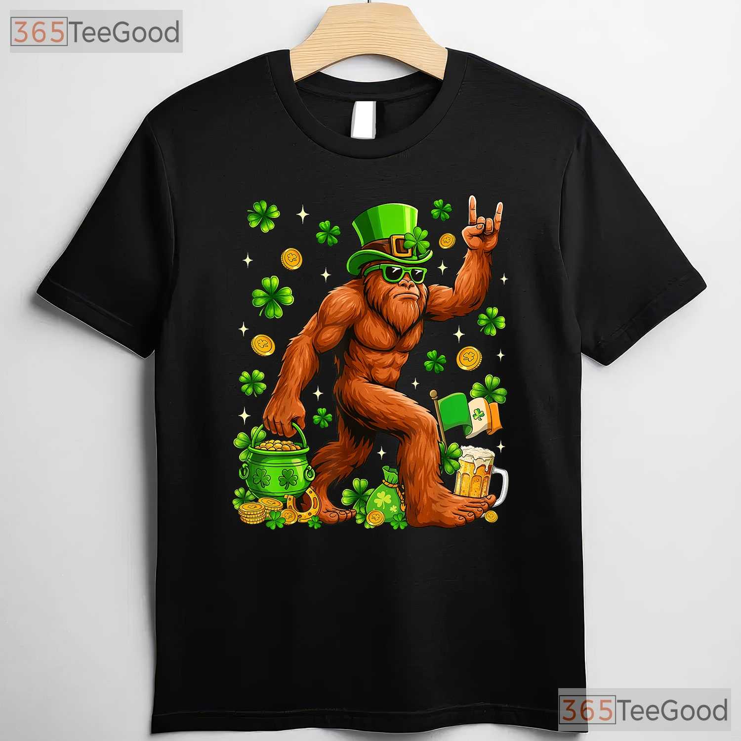 Bigfoot Sasquatch Carrying Shamrock St Patricks Day T-Shirt Hide Seek Champ