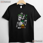 Messy Bun Skeleton Drinking Coffee St Patricks Day T-Shirt Funny Mom Life Tee