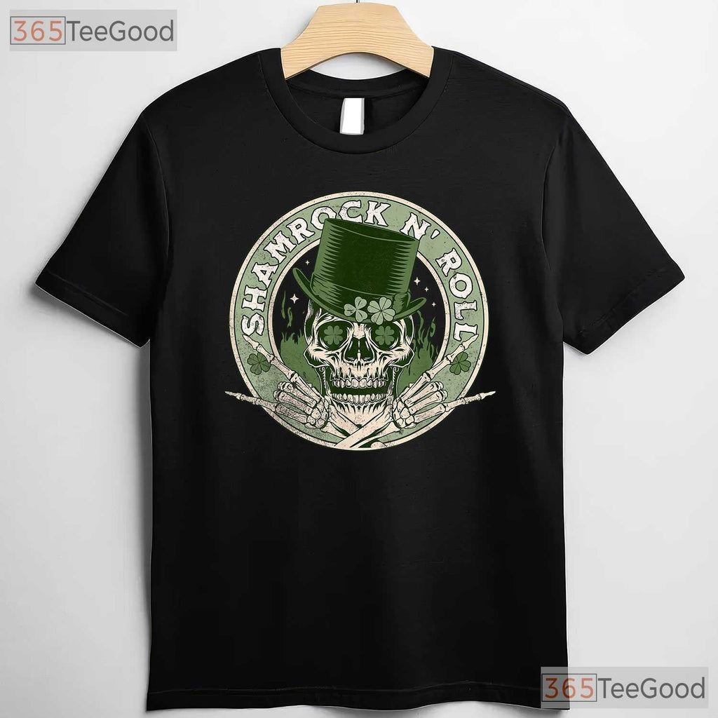 Shamrock And Roll Skull Rocker St Patricks Day T-Shirt Edgy Music Lover Tee