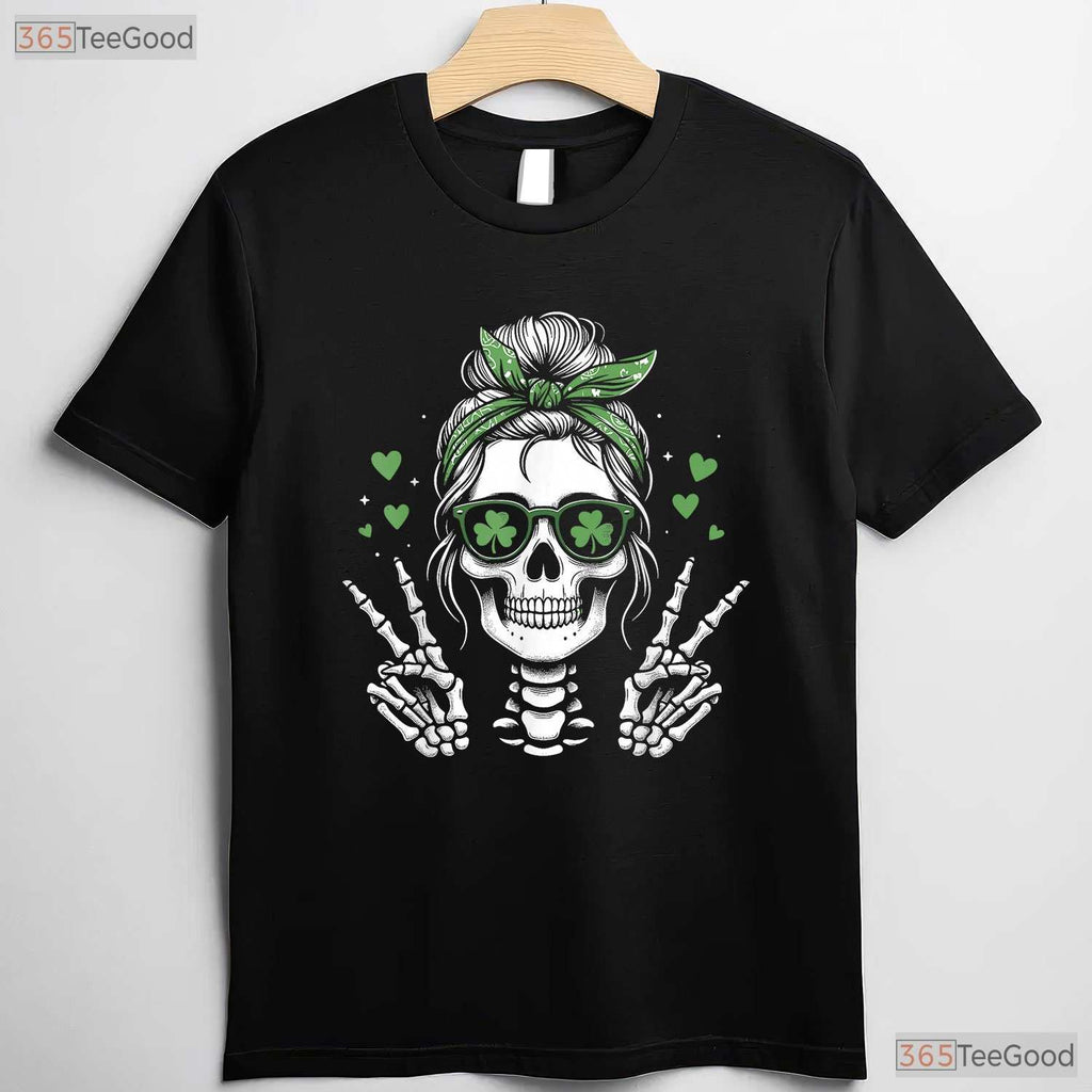 Skull Messy Bun Peace Sign St Patricks Day T-Shirt Edgy Women Irish Tee