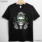 Skull Messy Bun Peace Sign St Patricks Day T-Shirt Edgy Women Irish Tee