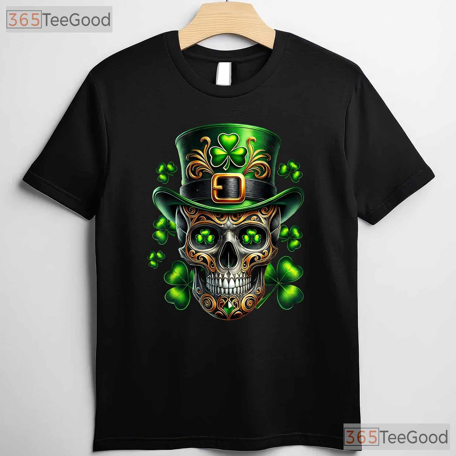 Irish Skull Shamrock Leprechaun St Patricks Day T-Shirt Edgy Men Biker Tee