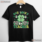 Retro Groovy One Lucky Teacher St Patricks Day T-Shirt Smiley Face School