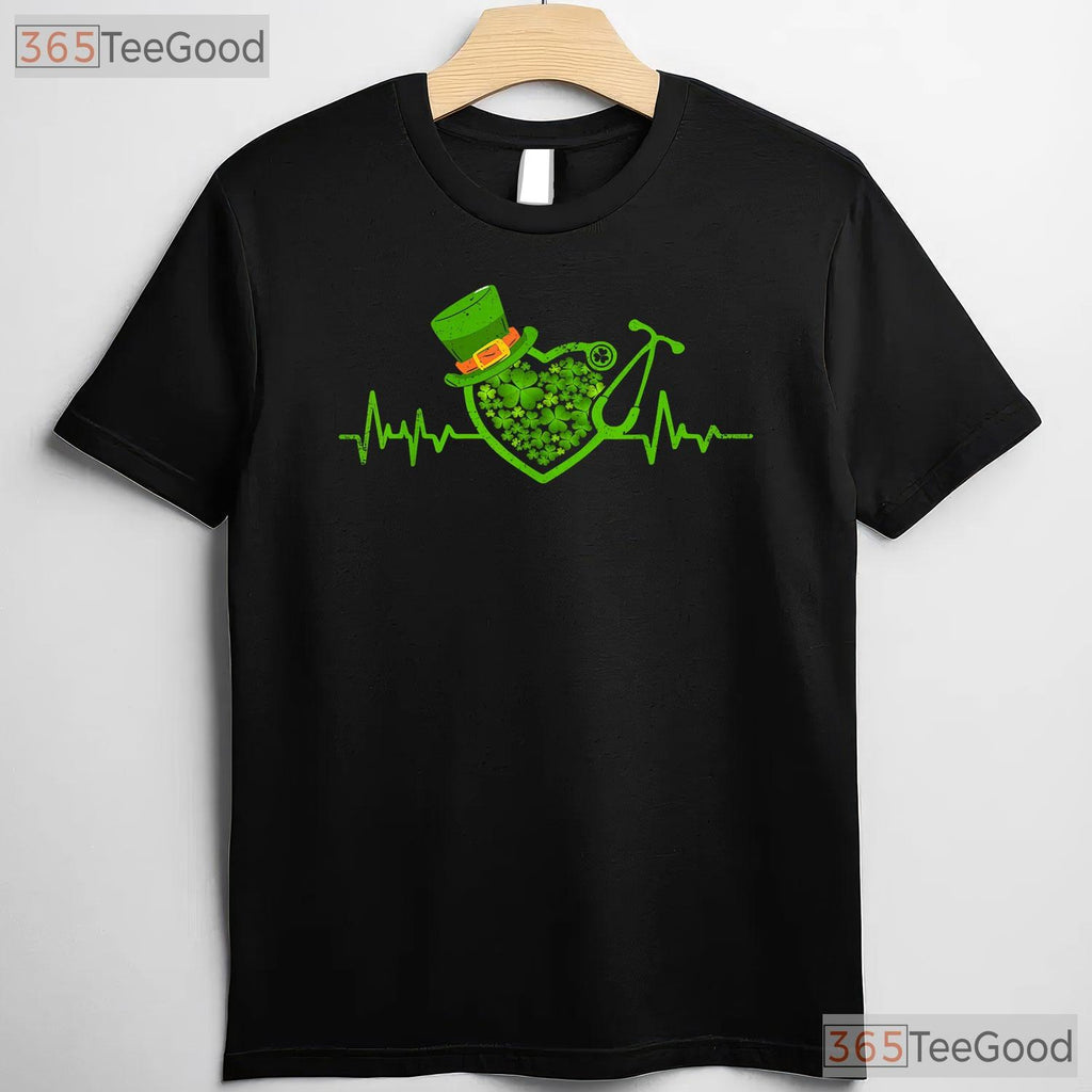 Heartbeat Stethoscope Shamrock St Patricks Day T-Shirt Irish Nurse Life Tee