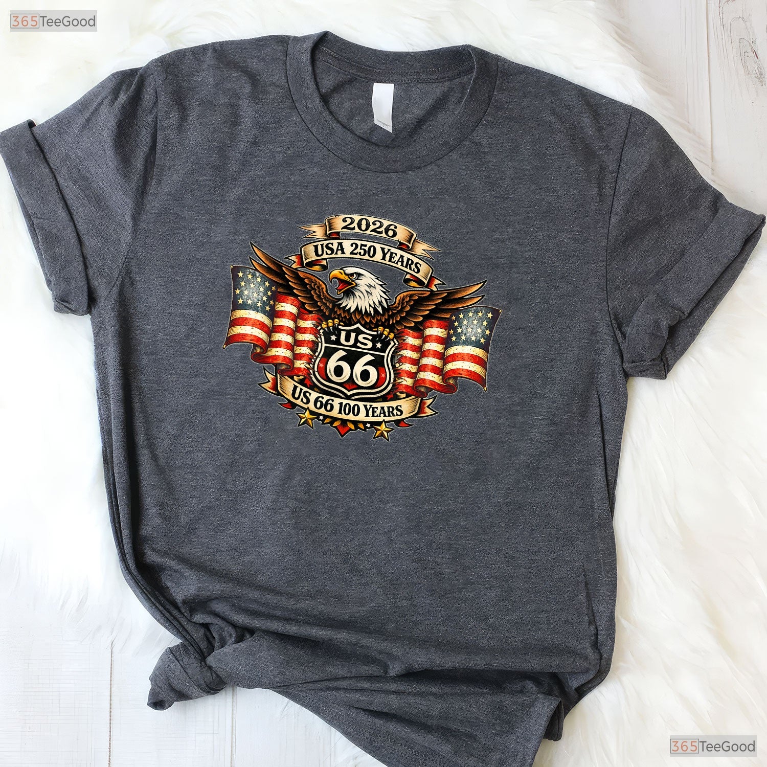 USA 250 Highway 66 Mother Road Eagle Valentine T-Shirt Lake Fishing Gear For Men