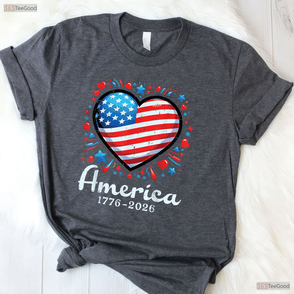America US Flag Heart 250th Anniversary Valentine T-Shirt Surf Fishing Shirts Men