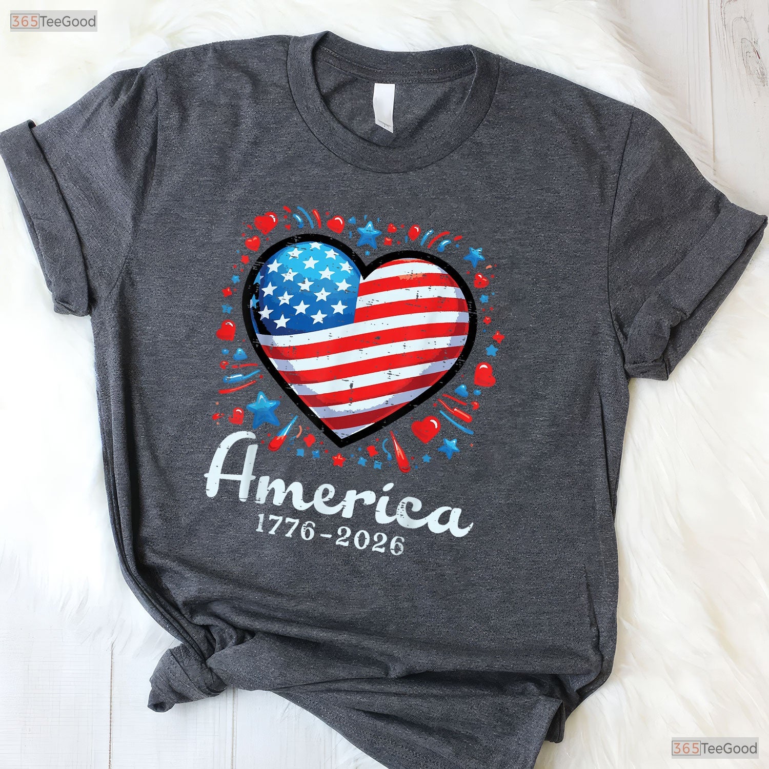 America US Flag Heart 250th Anniversary Valentine T-Shirt Surf Fishing Shirts Men