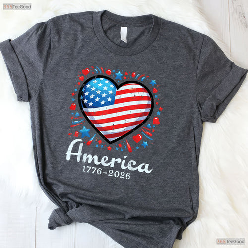 America US Flag Heart 250th Anniversary Valentine T-Shirt Surf Fishing Shirts Men
