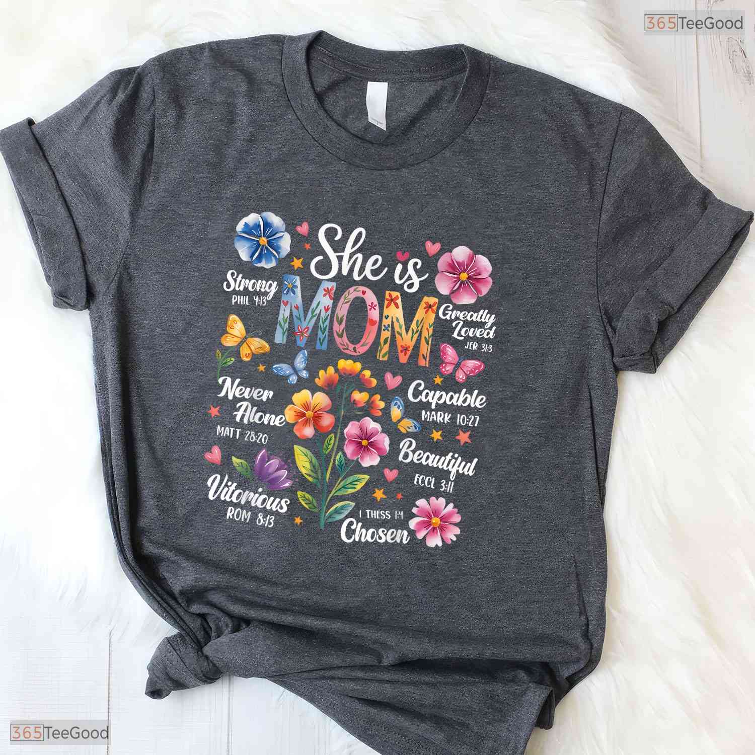 Christian Mothers Day T-Shirt She Is Mom Bible Verses Boho Floral Shirt Gift