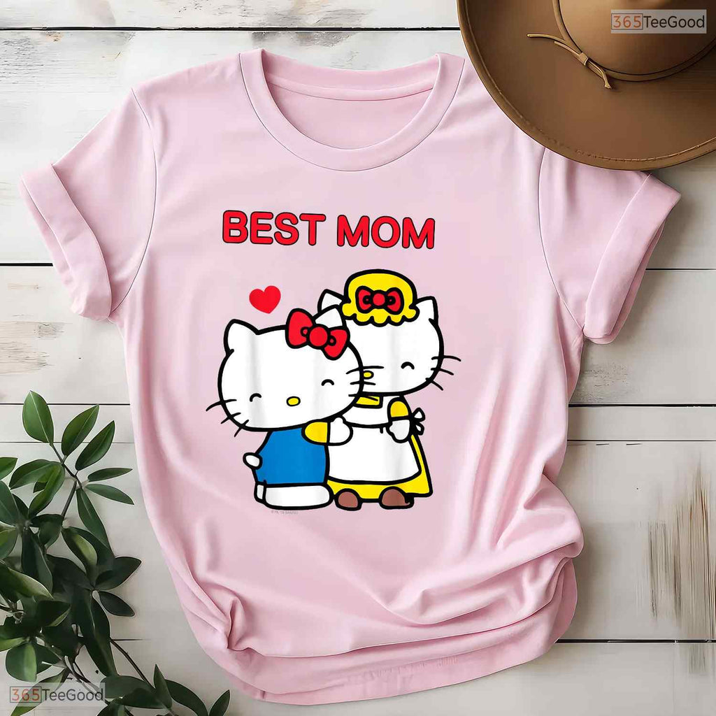 Cute Japanese Cat Best Mom Shirt Sweet Pink Bow Kawaii Cat Mothers Day T-Shirt