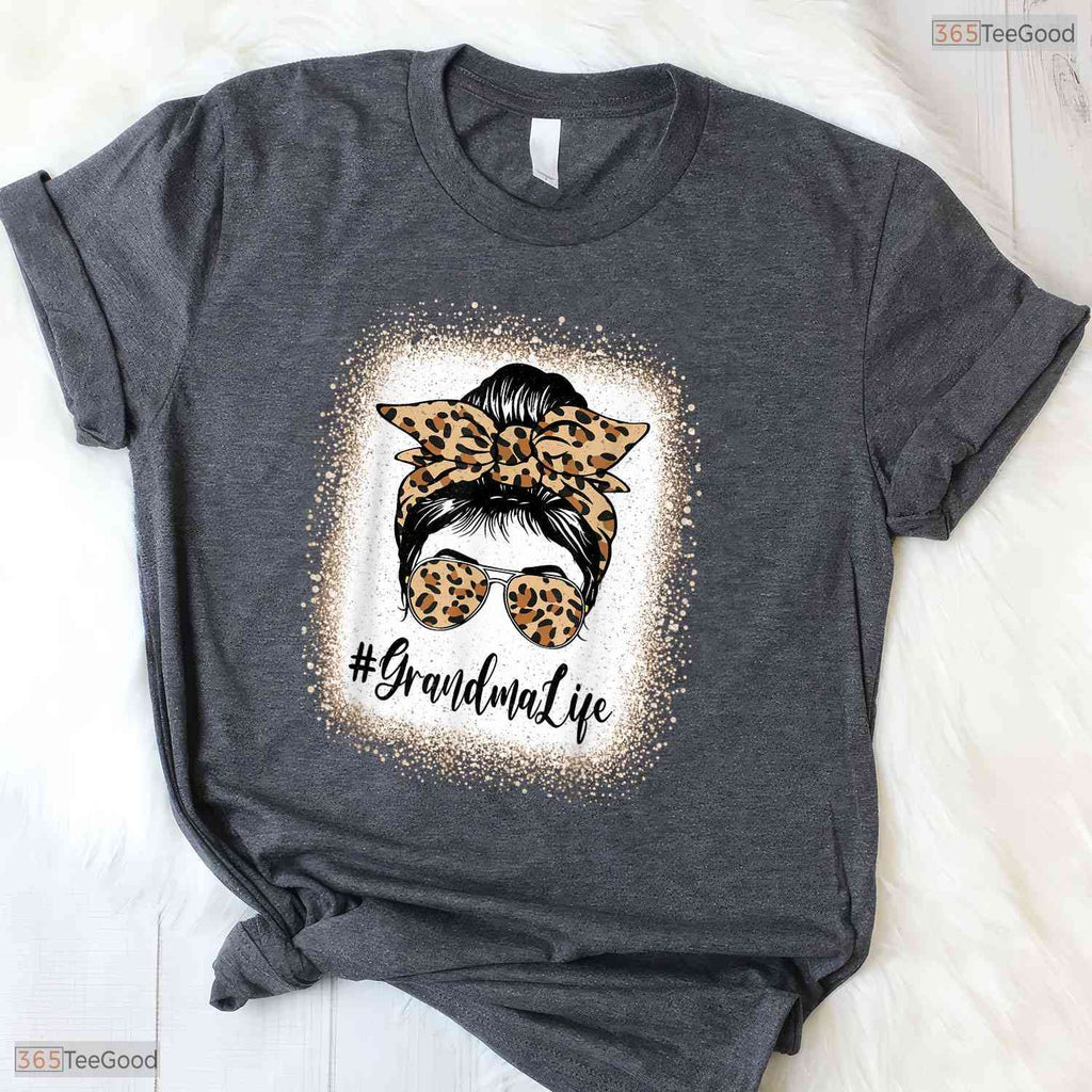 Grandma Life Leopard Messy Bun Grandma Mothers Day T-Shirt Gift For Women
