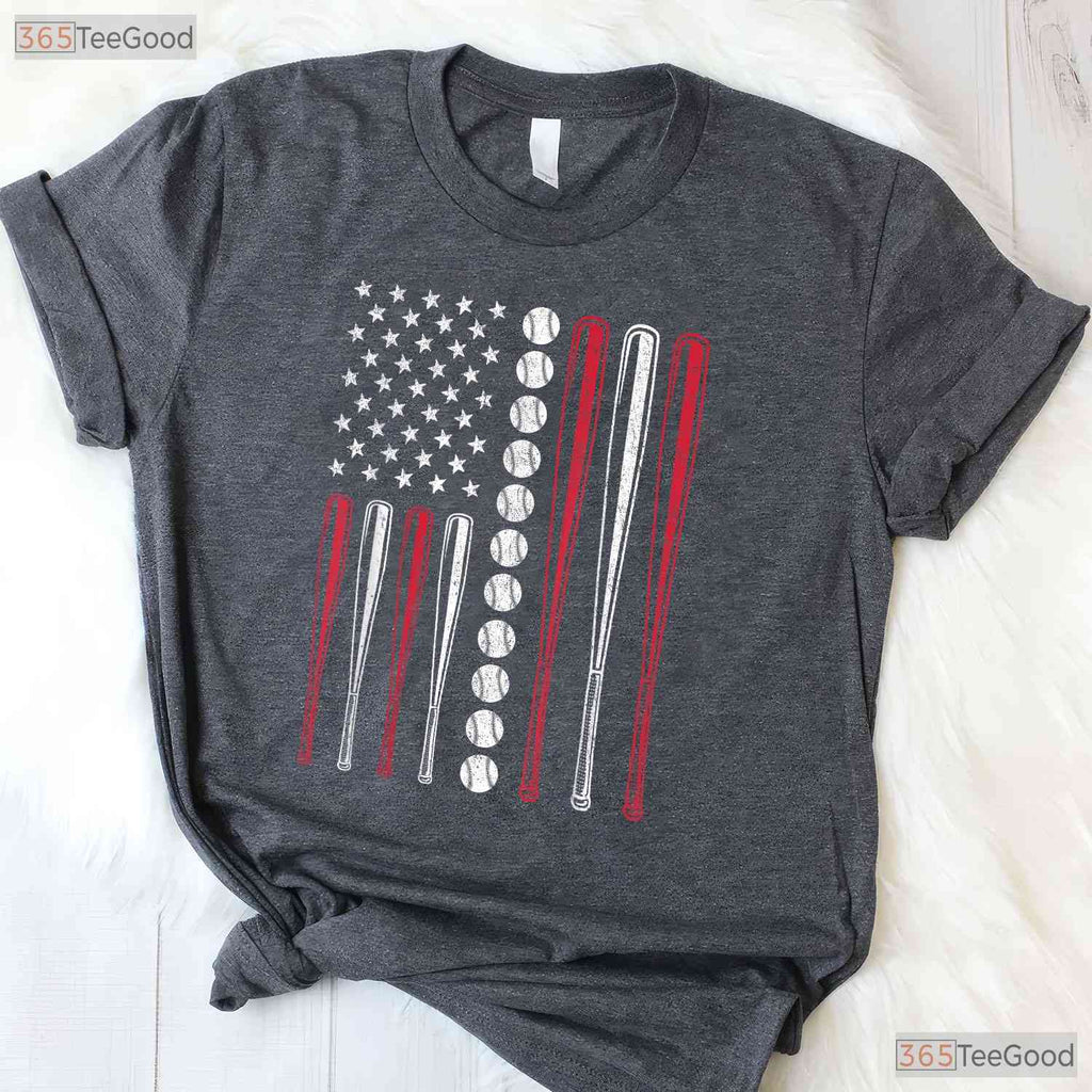 Patriotic Baseball 4th Of July T-Shirt Men Boys USA American Flag Sport Tee