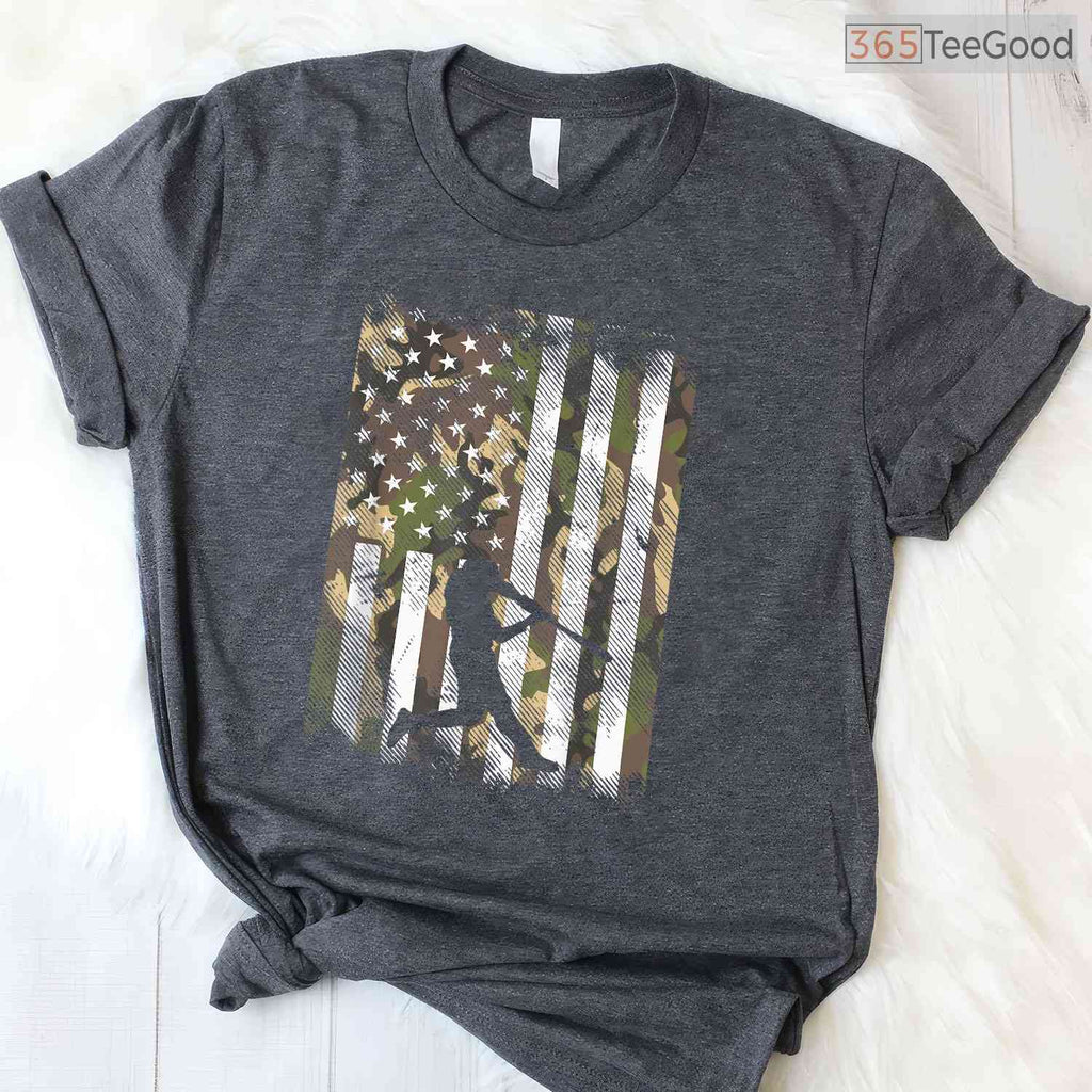 Camo Flag Baseball Player Vintage T-Shirt Patriotic Men Women Kids Sport Tee