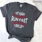Hit Hard Run Fast Turn Left Funny Baseball Player T-Shirt Men Boys Sport Tee