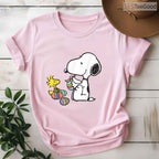 Peanuts Snoopy Woodstock Easter Egg Painting T-Shirt Cute Cartoon Holiday Tee