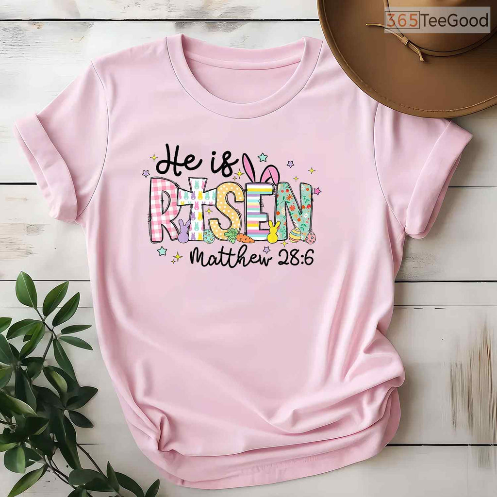 He Is Risen Jesus Christian Happy Easter T-Shirt Women Girls Faith Holiday Tee