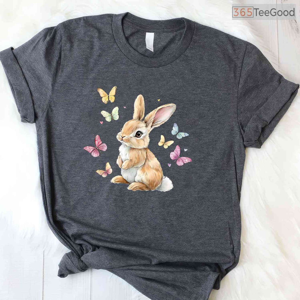 Cute Easter Bunny Rabbit Butterfly T-Shirt Happy Spring Animal Nature Lover Tee
