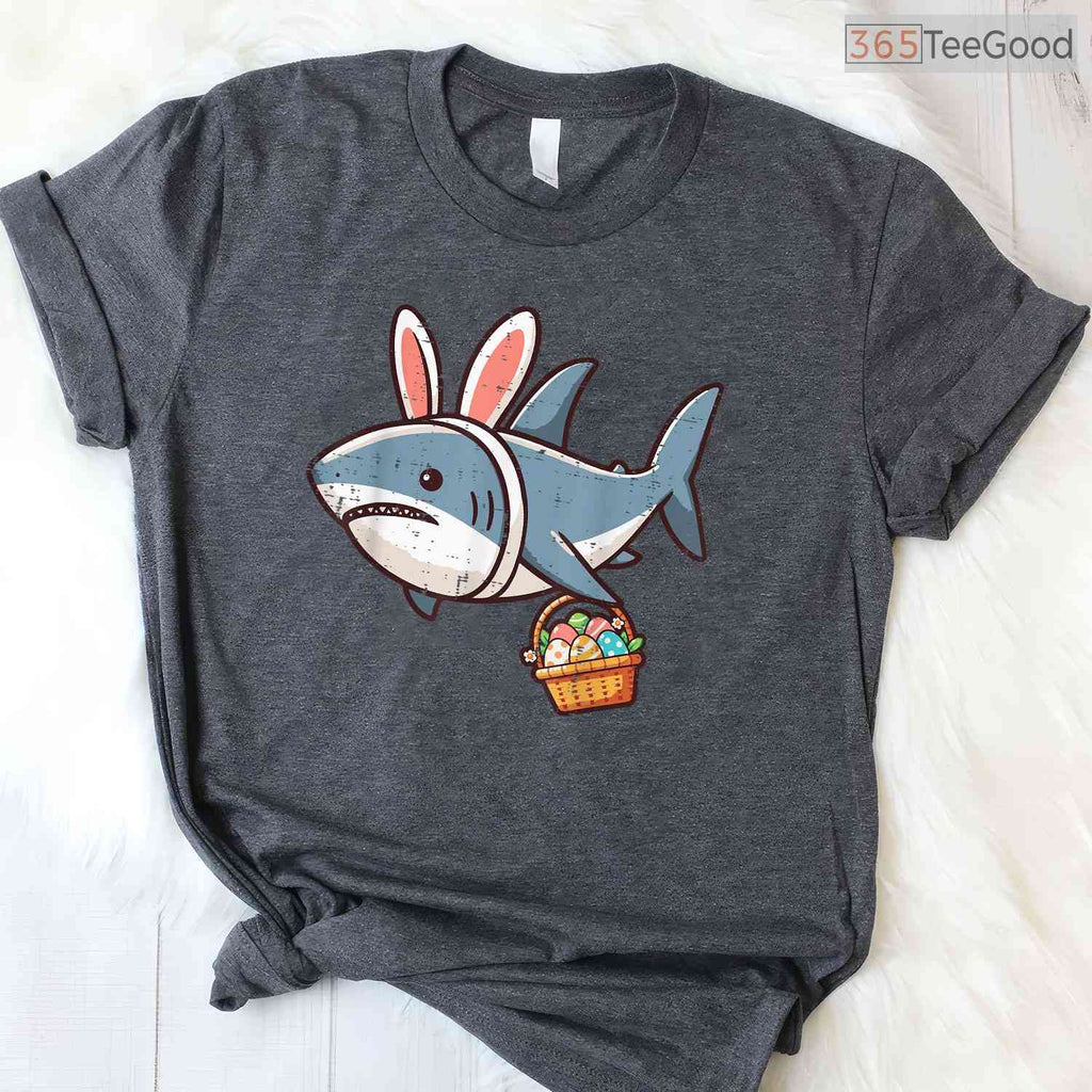 Shark Bunny Easter Eggs T-Shirt Funny Sea Animal Hunt Boys Kids Mens Top Shirt