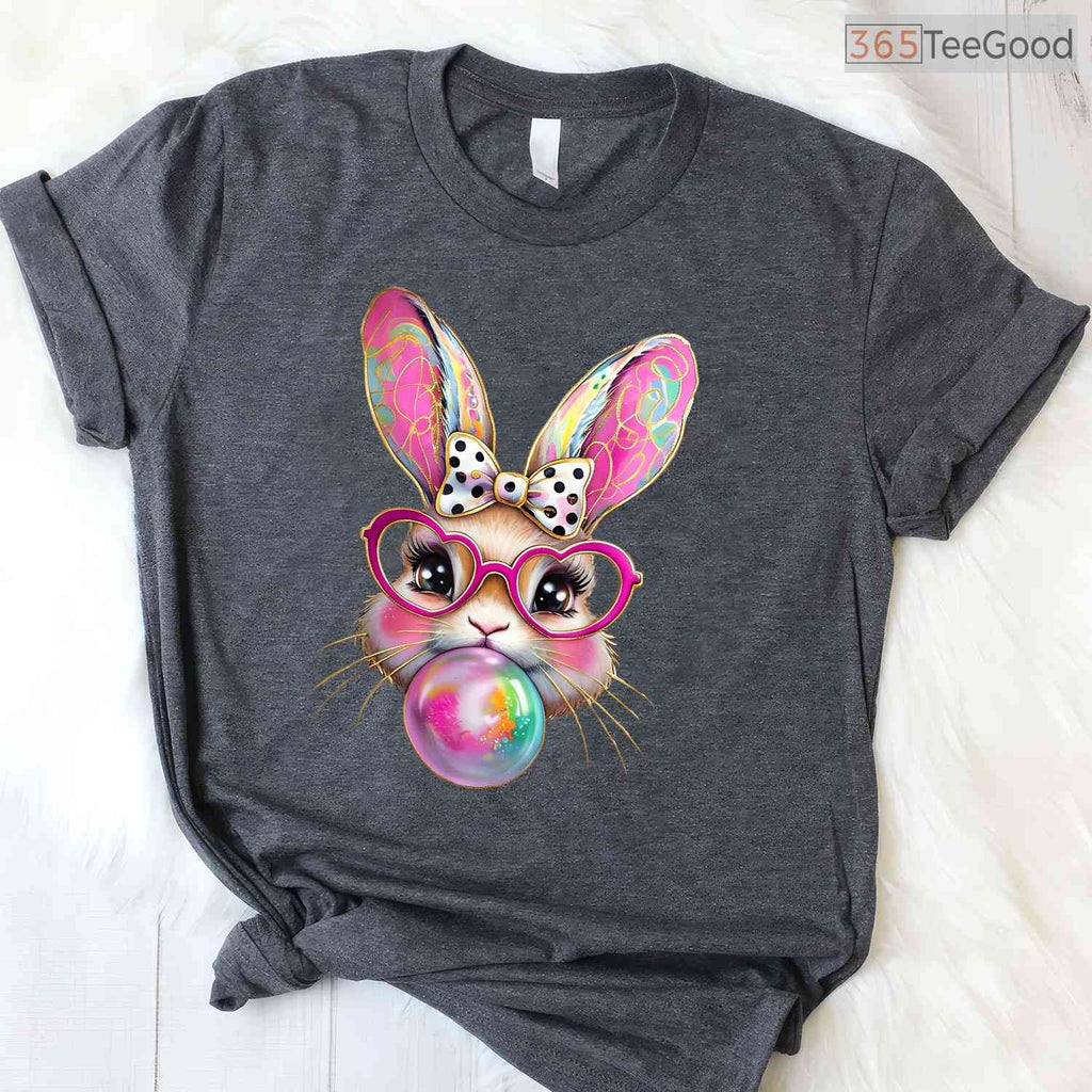 Happy Easter Bunny Coquette Bow T-Shirt Cute Ribbon Brushstroke Girls Shirt