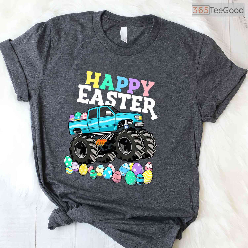 Boys Happy Easter Monster Truck T-Shirt Eggs Crusher Toddler Vehicle Shirt