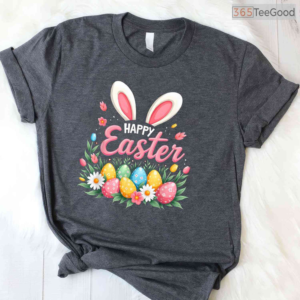 Happy Easter Bunny Spring Egg T-Shirt Cute Floral Nature Holiday Women Shirt