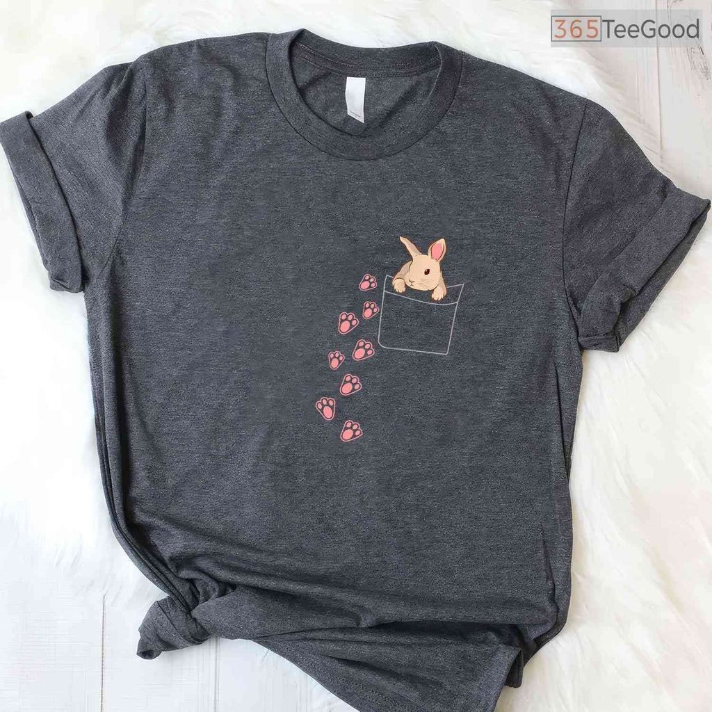 Easter Cute Bunny In Pocket T-Shirt Rabbit Footprints Faux Pocket Gift Shirt