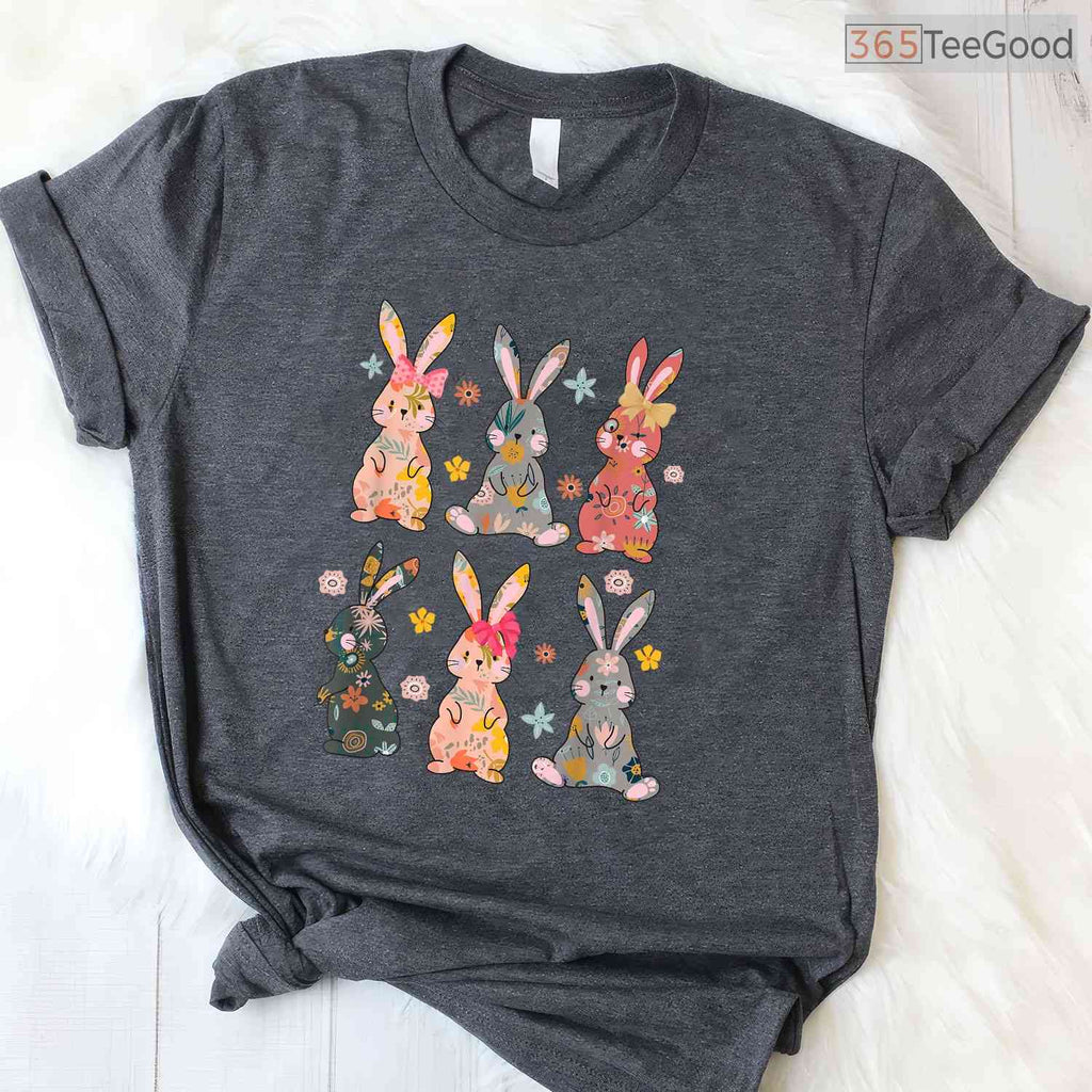 Vintage Retro Bunny Floral T-Shirt Flower Rabbit Easter Day Cute Womens Shirt