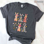 Vintage Retro Bunny Floral T-Shirt Flower Rabbit Easter Day Cute Womens Shirt