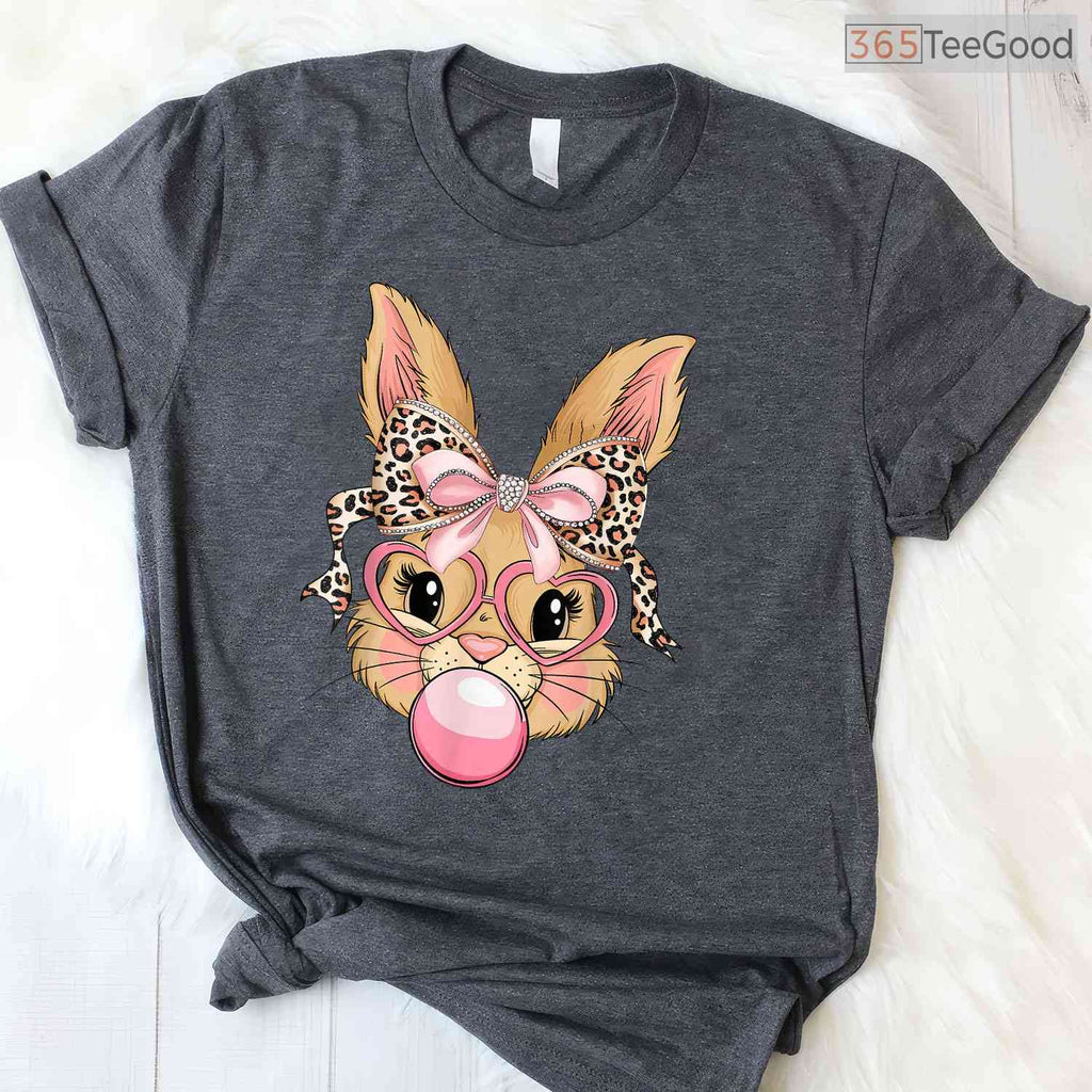 Cute Bunny Rabbit Face Leopard Glasses T-Shirt Girl Happy Easter Trendy Shirt