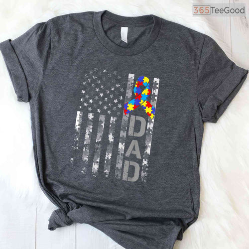 Autism Awareness Dad USA Flag Fathers Day Shirt April Support Men Gift T-Shirt