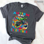 Autism Is My Superpower Dino T Rex Truck Shirt April Awareness Kids Boys T-Shirt