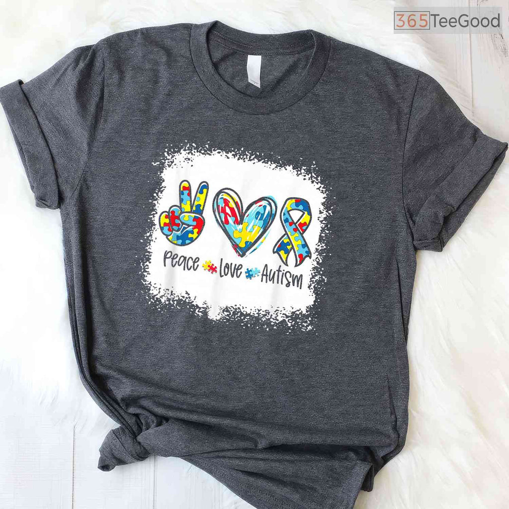 Peace Love Autism Puzzle Ribbon Bleached Shirt April Awareness Women T-Shirt