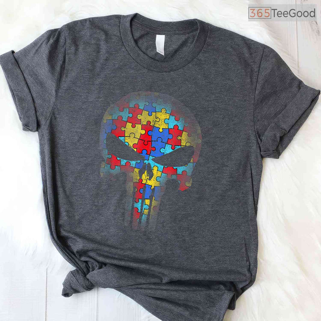 Skull Autism Awareness Puzzle Piece Mens Womens Shirt April Cool Edgy T-Shirt