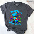 Autism Awareness In April We Wear Blue T Rex Dino Shirt Boys Kids T-Shirt