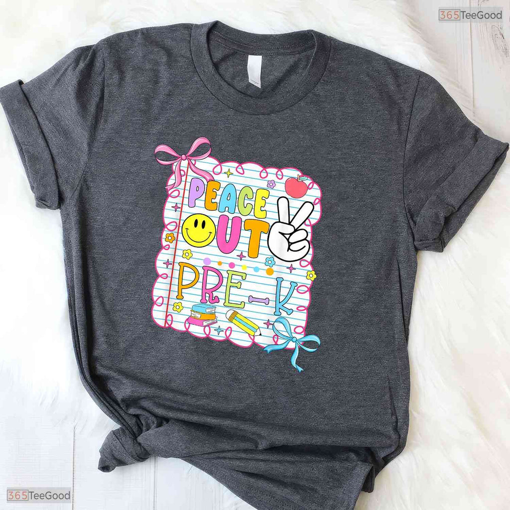 Trendy Peace Out Pre-K Kid Girl Last Day Of School Bow Coquette T-Shirt
