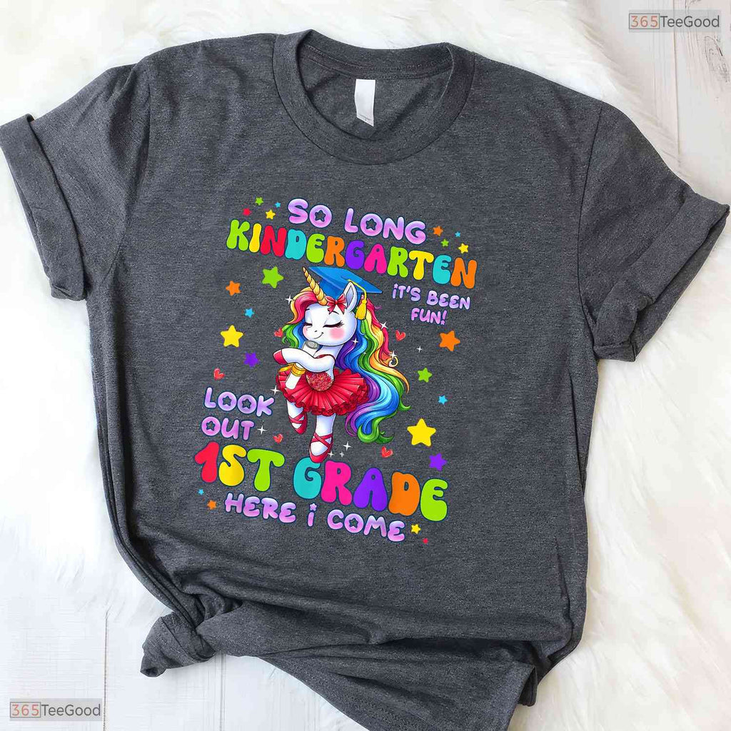 Cute Unicorn Kindergarten Graduation 2026 Hello First Grade Girls Ceremony T-Shirt