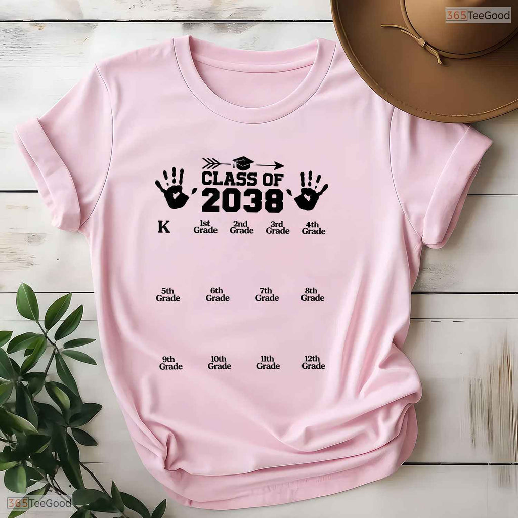 Class Of 2038 Grow With Me Handprint Pre K To 12th Grade Keepsake Kids Shirt