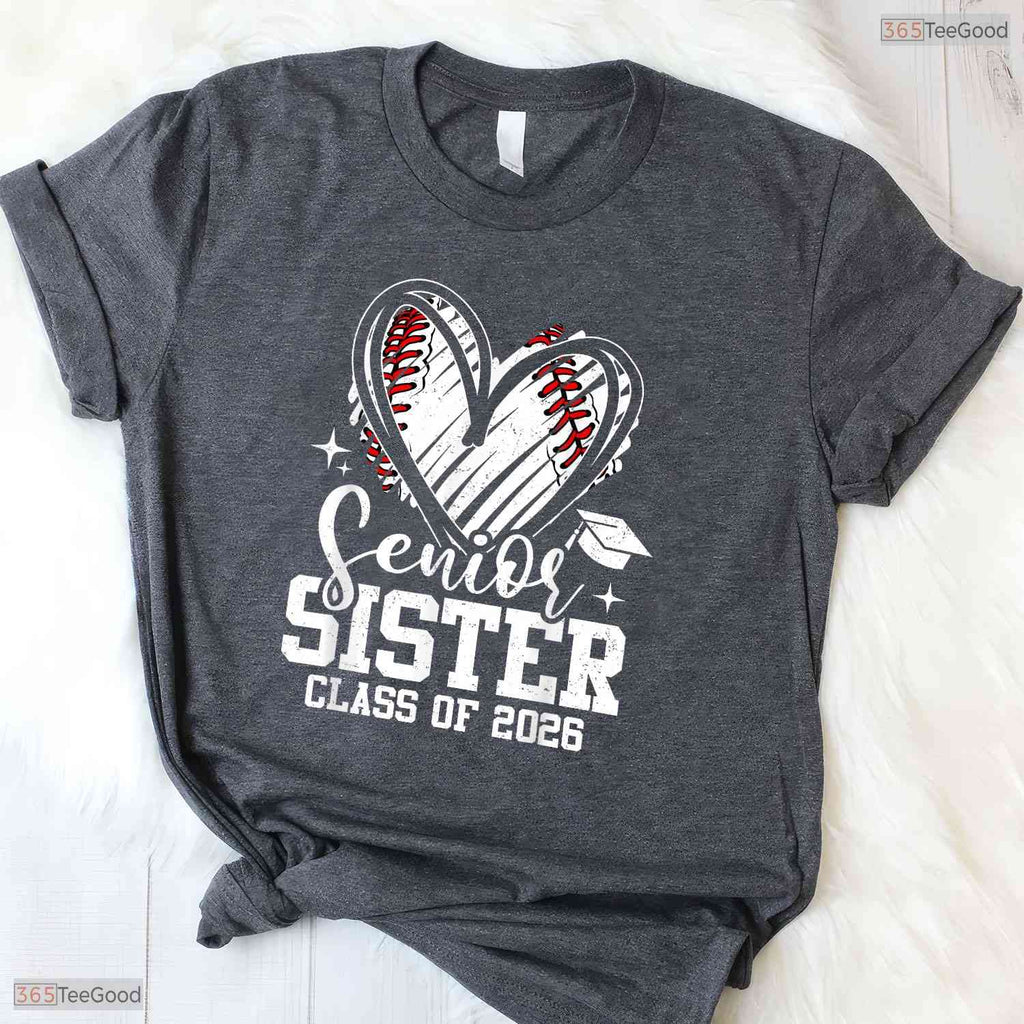 Senior Sister Class Of 2026 Baseball Heart Sports Family Graduation T-Shirt