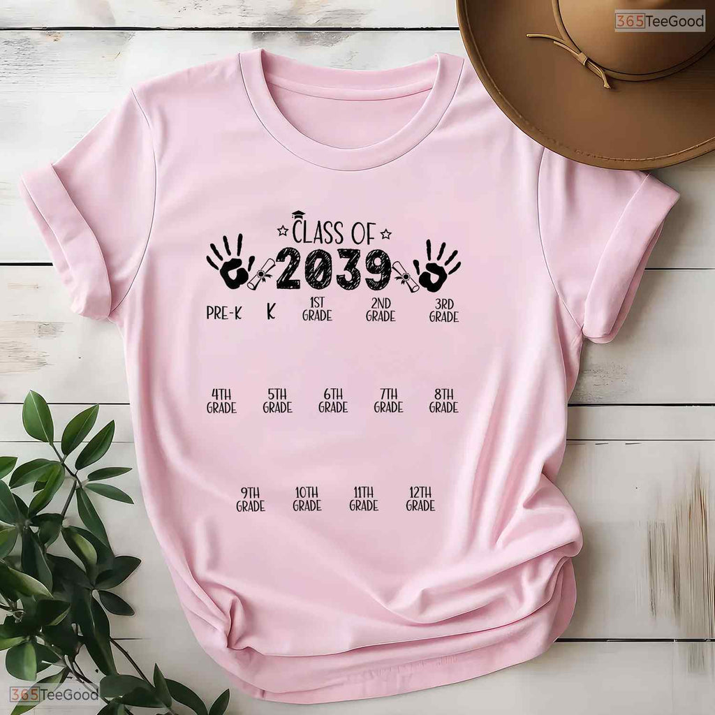 Class Of 2039 Grow With Me Pre K To 12th Grade Handprint Youth Graduation T-Shirt
