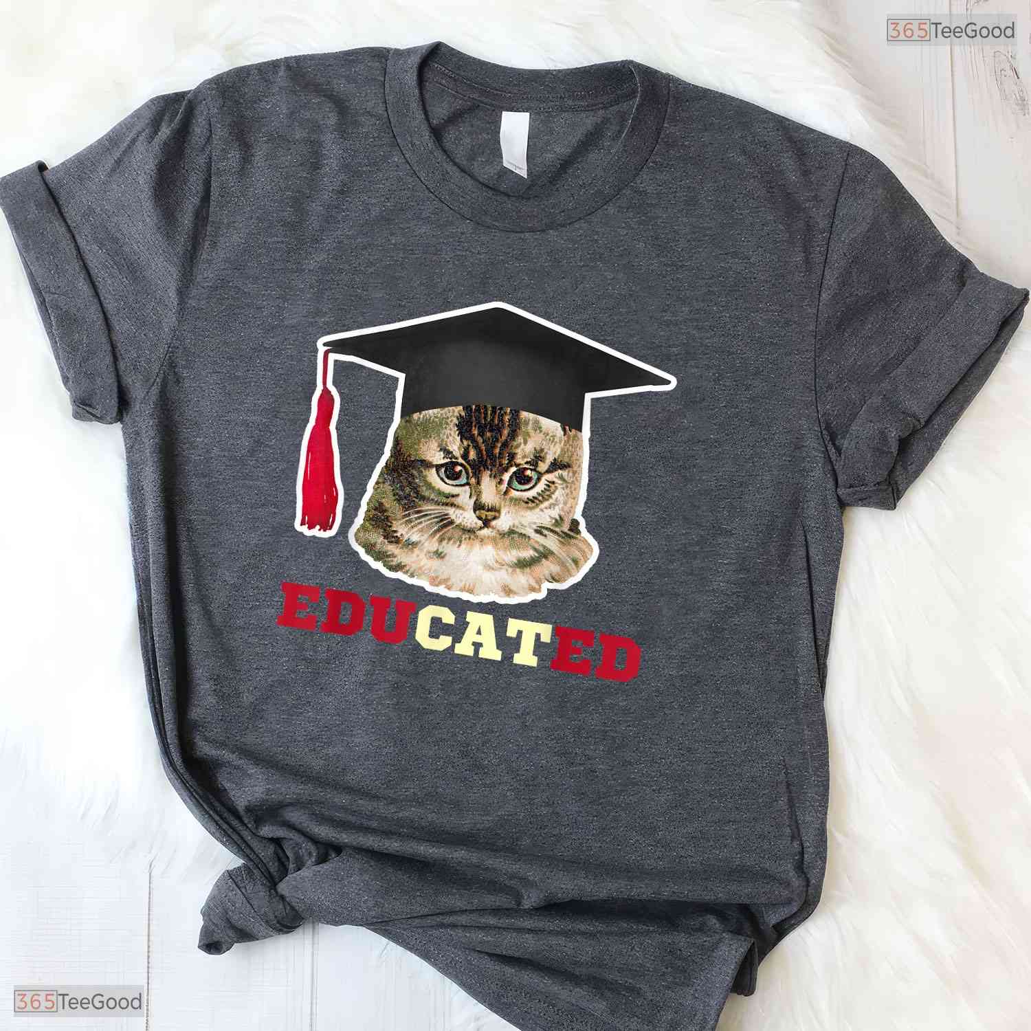 Educated Cat In Graduation Cap Funny High School College Graduate Gag T-Shirt